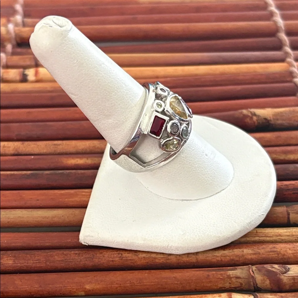 Lia Sophia Silver Multi-Stone Ring Yellow Center and Red & Green Accents Size 9